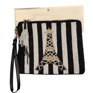 Sincerely Jules Eiffel Tower Black and White Striped Beaded Wristlet